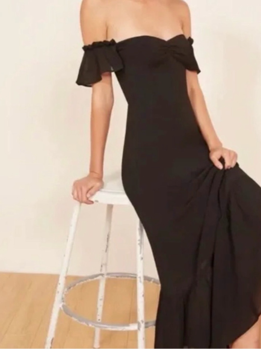 Reformation Butterfly Dress Black Off-Shoulder Maxi